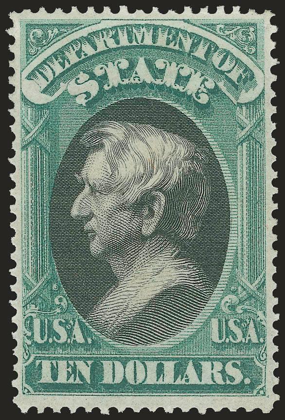 $10.00 State (O70).> Original gum, lightly hinged, bright color and detailed impression, beautifully centered with long and full perforations all around<><>^EXTREMELY FINE. A SUPERB ORIGINAL-GUM EXAMPLE OF THE
$10.00 STATE.^<><>With 1977 and 2000