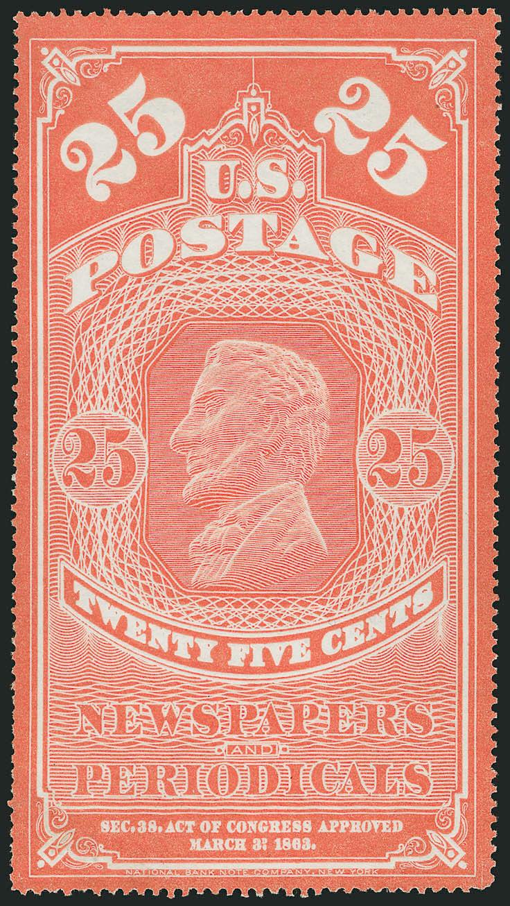 25c Orange Red, Colored Border (PR3).> Without gum as issued, brilliant color, Very Fine and choice, this large-format stamp is scarce in sound condition, with 2002 P.F. certificate