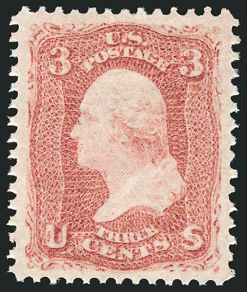3c Rose (65).> Original gum, brilliant color on post-office fresh paper, gorgeous centering with Jumbo margins, Extremely Fine Gem, a massive stamp, with 1998 P.F. and 2004 P.S.E. certificates (XF-Superb 95 Jumbo
SMQ $630.00 as 95, $1,100.00 as 98),