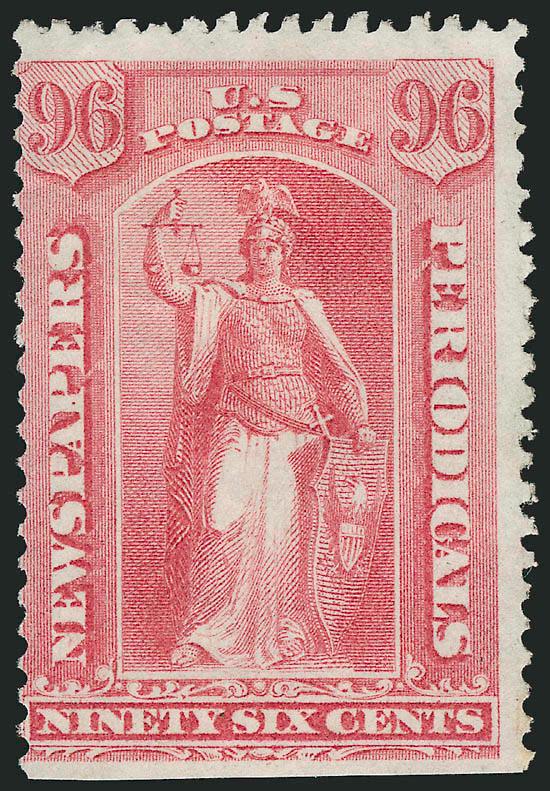 96c Pale Rose, 1875 Special Printing (PR47).> Without gum as issued, radiant color, centered to left, s.e. at bottom where perfs trimmed<><>^FINE. A RARE EXAMPLE OF THE 96-CENT NEWSPAPER CONTINENTAL BANK NOTE
COMPANY SPECIAL PRINTING.^<><>Only 14