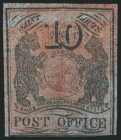 St. Louis Mo., 10c Black on Bluish Pelure (11X8).> Type III, Position 6, three full margins to in at bottom, sharp impression on deeply blued paper, <without pen cancellation, cancelled only by a red handstamp,>
trivial paper wrinkling at top but <no