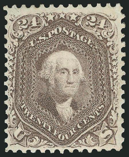 24c Red Lilac (70).> Original gum, lightly hinged, absolutely stunning deep rich color and sharp proof-like impression, choice centering for this difficult issue<><>^VERY FINE. A BEAUTIFUL ORIGINAL-GUM EXAMPLE OF
THE 1861 24-CENT RED LILAC. SCARCE