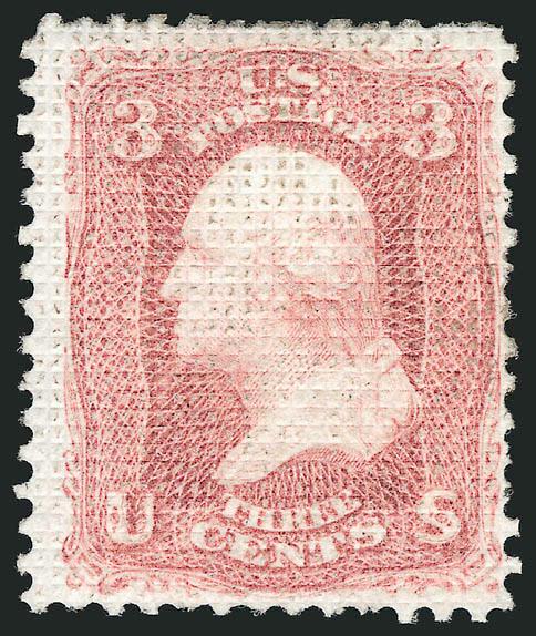 3c Rose, A. Grill (79).> Original gum, clearly-defined grill, radiant color, virtually intact perfs which is rare for this issue<><>^VERY FINE. THE 1867 3-CENT A GRILL IS SELDOM ENCOUNTERED IN SOUND, ORIGINAL-GUM
CONDITION, ESPECIALLY WITH INTACT P