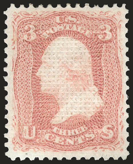 3c Rose, C. Grill (83).> Original gum, lightly hinged, clearly-defined grill, brilliant color on bright paper, beautiful centering with well-balanced margins<><>^EXTREMELY FINE. A SUPERB ORIGINAL-GUM EXAMPLE OF
THE 1867 3-CENT C GRILL. AN EXCEEDING