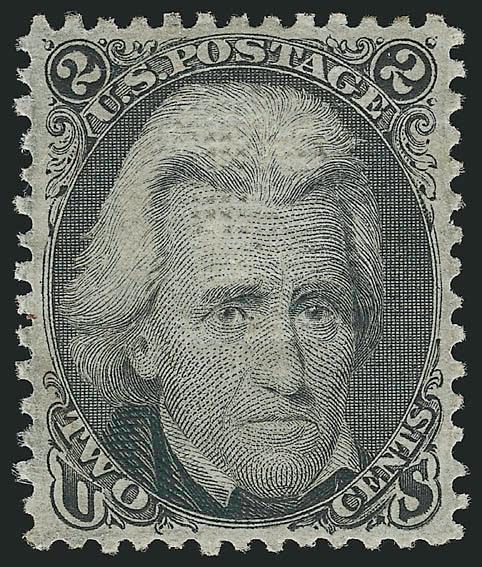2c Black, Z. Grill (85B).> Original gum, extraordinarily wide margins all around and perfectly centered, well-defined grill, sharp design impression, faint diagonal crease across top -- practically invisible on
the face of the stamp<><>^EXTREMELY F