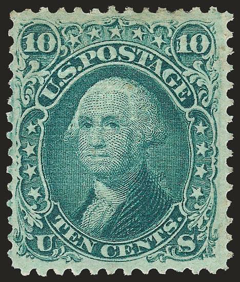 10c Green, E. Grill (89).> Original gum, lightly hinged, deep rich color and proof-like impression, clearly-defined grill<><>^VERY FINE AND CHOICE. A BEAUTIFUL ORIGINAL-GUM EXAMPLE OF THE 1868 10-CENT E GRILL --
RARE IN THIS CHOICE CONDITION.^<><