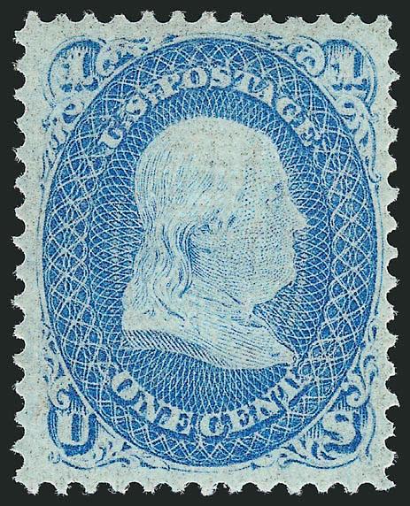 1c Blue, F. Grill (92).> Original gum, lightly hinged, clear grill points, radiant color, choice centering for this difficult issue<><>^VERY FINE AND CHOICE ORIGINAL-GUM EXAMPLE OF THE 1868 ONE-CENT F GRILL. A
DIFFICULT STAMP TO FIND IN SOUND ORIGI