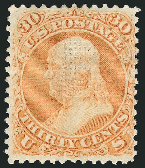 30c Orange, F. Grill (100).> Small part original gum (traces of gum), intense shade, clearly-defined grill, tiny corner perf crease at top left not mentioned on accompanying certificate<><>^FINE APPEARANCE. A
SCARCE UNUSED EXAMPLE OF THE 1868 30-CE