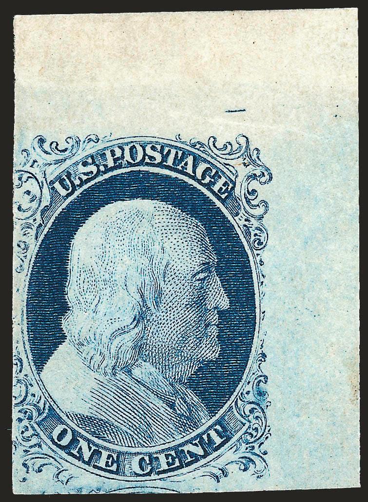 1c Blue, Ty. IV (9).> Position 10R1L, original gum, <huge top right corner sheet margins,> large bottom margin showing part of adjoining stamp, just barely in along left ornaments, dark shade, bright and fresh
paper, light wrinkle in selvage not ment