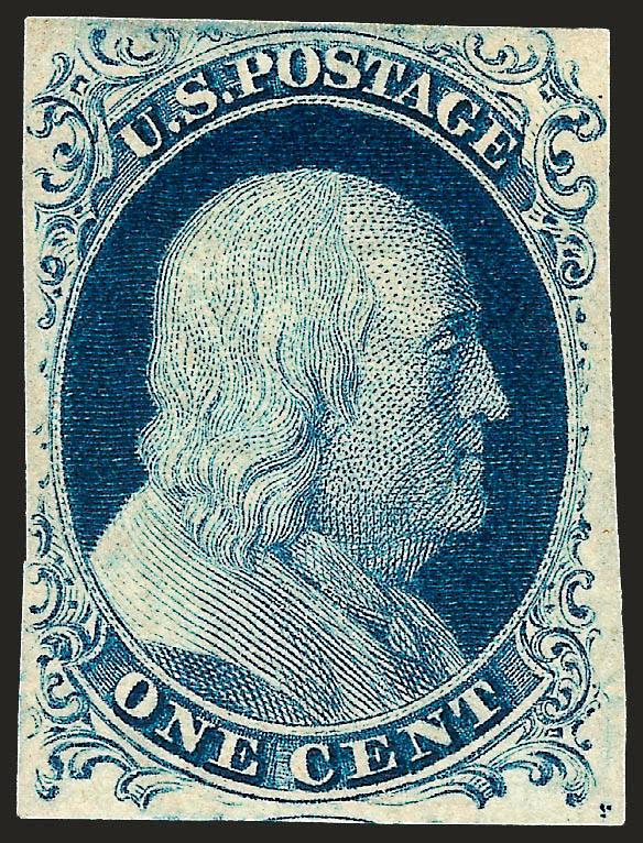 1c Blue, Ty. IV (9).> Original gum, recut once at top and twice at bottom, beautiful rich color and sharp impression on bright paper, clear to large margins, Very Fine and choice, an exceptionally beautiful
stamp, with 1995 and 2004 P.F. certificates