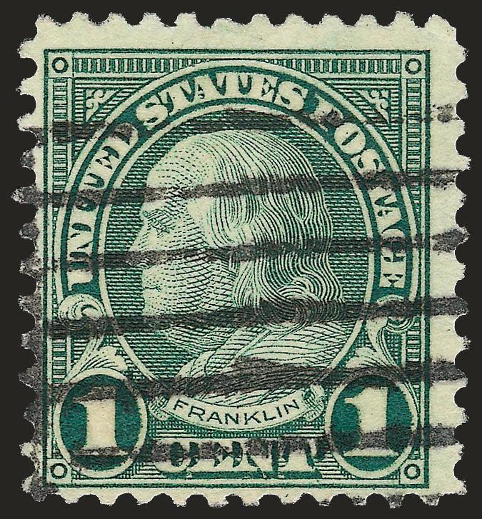 1c Green, Rotary, Perf 11 (594).> Bold strike of machine cancel, deep rich color, long full perfs all around<><>^VERY FINE AND CHOICE EXAMPLE OF SCOTT 594. ONE OF THE RAREST 20TH CENTURY STAMPS IN SOUND AND
CENTERED CONDITION.^<><>The 1c Green, S