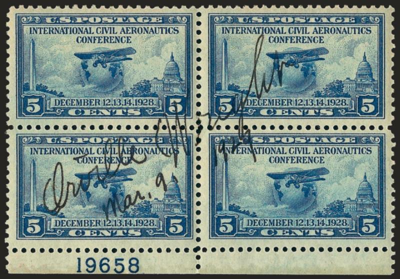 2c, 5c Aeronautics (649-650).> Blocks of four with plate no. at bottom, <each signed and dated <<Orville Wright Mar. 9, 1929>>,> stamps Mint N.H., Very Fine, an attractive exhibition item, Orvilles brother
Wilbur died in 1912 and so was obviously