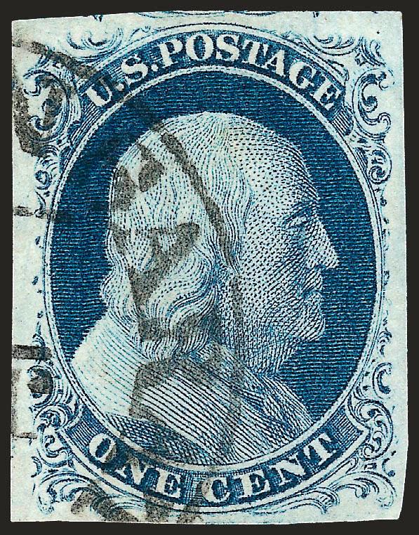 1c Blue, Ty. IV (9).> Recut once at top and twice at bottom, large margins all around incl. part of adjoining stamp at top, neat strike of Saratoga NY. datestamp, Extremely Fine