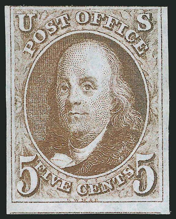 5c Dark Brown (1a).> Original gum, lightly hinged, three large to huge margins, just barely touched at top, wonderful dark shade and early impression<><>^FINE. A FRESH ORIGINAL-GUM EXAMPLE OF THE 5-CENT 1847
ISSUE IN THE DARK BROWN SHADE.^<><>Wit