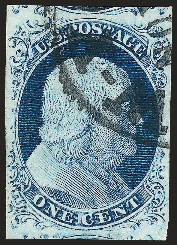 1c Blue, Ty. IV (9).> Recut once at top and bottom, huge top and bottom margins showing parts of adjoining stamps, ample to large at sides, deep shade, New York datestamp, Very Fine and choice, with 1997 P.F.
certificate