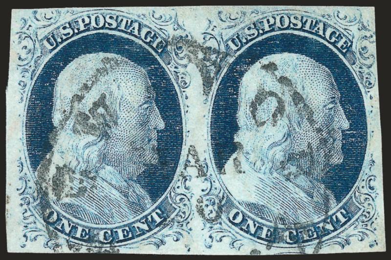1c Blue, Ty. IV (9).> Horizontal pair, both recut once at top and bottom, large margins to just touched at right ornament, New York datestamp, worn impression, Very Fine