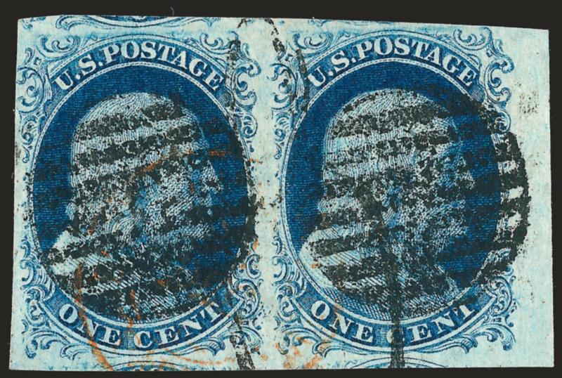 1c Blue, Ty. IV (9).> Positions 49-50L1L, horizontal pair, recut once at top and bottom and once at top, respectively, huge margins incl. <right sheet margin> and parts of adjoining stamps, just touched in two
places, bold grid cancels, red circular