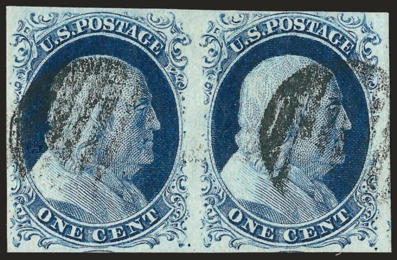 1c Blue, Ty. IV (9).> Positions 61-62R1L, horizontal pair, both recut once at top, ample margins to just touched, dark shade, grid cancels, Very Fine, with 2002 P.F. certificate