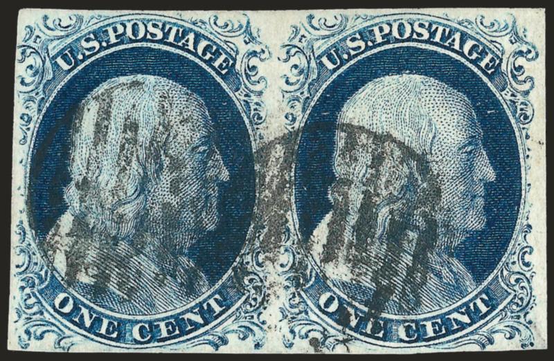 1c Blue, Ty. IV (9).> Positions 24-25L1L, horizontal pair, recut twice at bottom and once at top, once at top and bottom, respectively, full margins to just touched, dark shade, grid cancels, Very Fine, with
1986 P.F. certificate