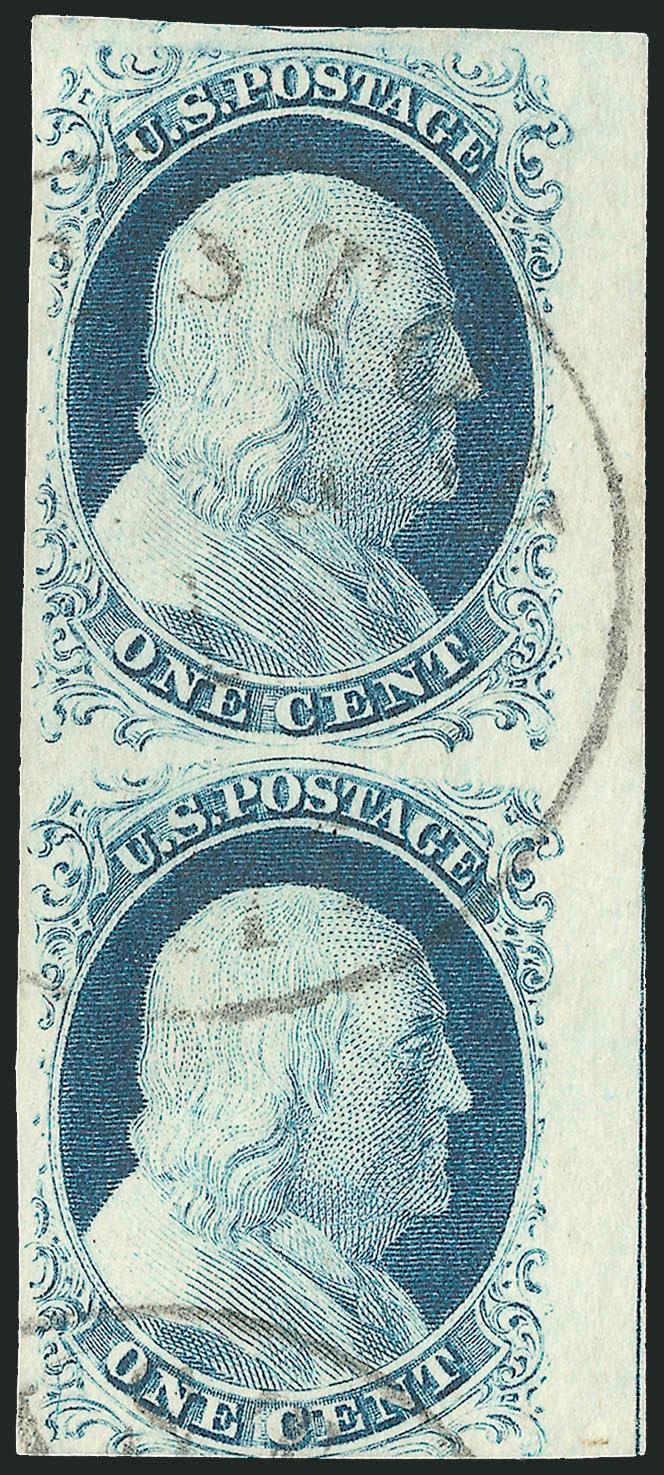 1c Blue, Ty. IV (9).> Positions 3040L1L, vertical pair, <bottom stamp plate crack at bottom left,> huge margins to just in at bottom incl. <sheet margin with guideline at right> and part of adjoining stamp at
top, neat Boston circular datestamp, the
