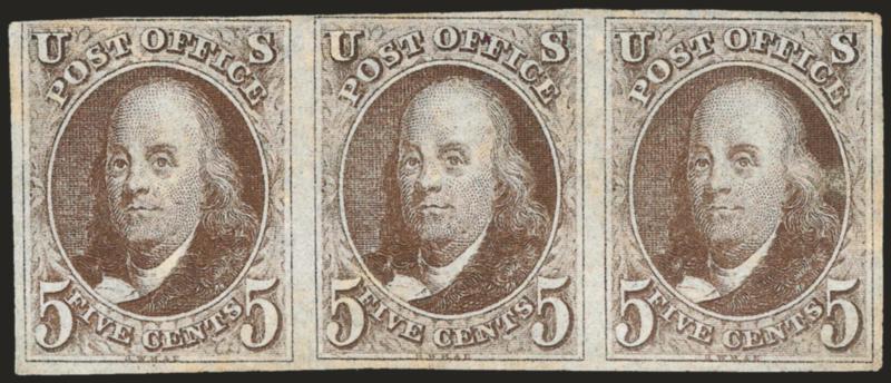 5c Brown (1 var).> Horizontal strip of three, unused (no gum), large margins to barely touched at top left, detailed impression, light horizontal crease, small toned spots are barely noticeable<><>^VERY FINE
APPEARANCE. A SCARCE AND DESIRABLE UNUSE