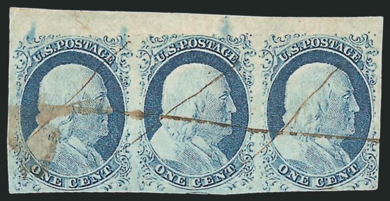 1c Blue, Ty. IV (9).> Positions 6-8R1L, horizontal strip of three containing <Position 7R, which produced Type I on Plate 1 Early,> the flanking Positions 6R and 8R produced Type Ib stamps on Plate 1E, huge top
sheet margin, others large to just touc
