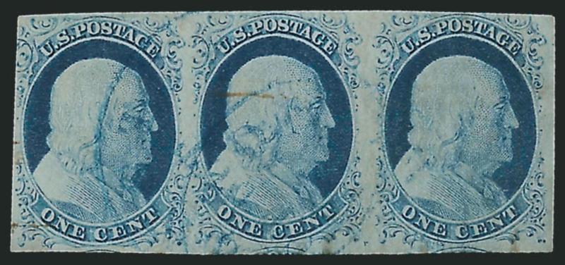 1c Blue, Ty. IV (9).> Positions 44-46R1L, horizontal strip of three, left stamp recut once at top, right pair recut once at top and twice at bottom, huge margins to just barely in, <blue circular datestamps> and
some traces of brown ink, Very Fine