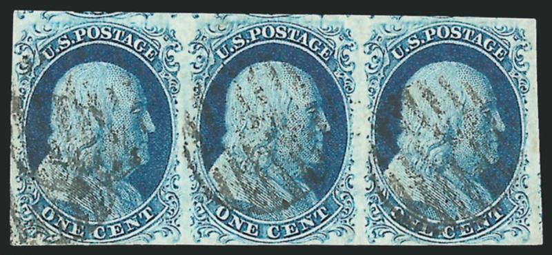 1c Blue, Ty. IV (9).> Positions 15-17L1L, horizontal strip of three, all recut once at top and bottom, large margins to just touched, grid cancels, gorgeous dark shade, Very Fine, with 2002 P.F.
certificate
