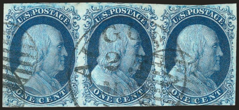 1c Blue, Ty. IV (9).> Horizontal strip of three, two recut once at top and bottom, right stamp recut twice at top and once at bottom, left two stamps have clear to large margins incl. part of adjoining stamps at
top, right stamp just in at bottom, be