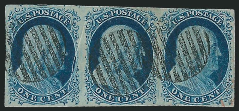 1c Blue, Ty. IV (9).> Positions 98-100R1L, horizontal strip of three, all recut once at top, left stamp has <pre-printing paper crease,> large margins to slightly in at top right, beautiful rich color, grid
cancels, Fine-Very Fine