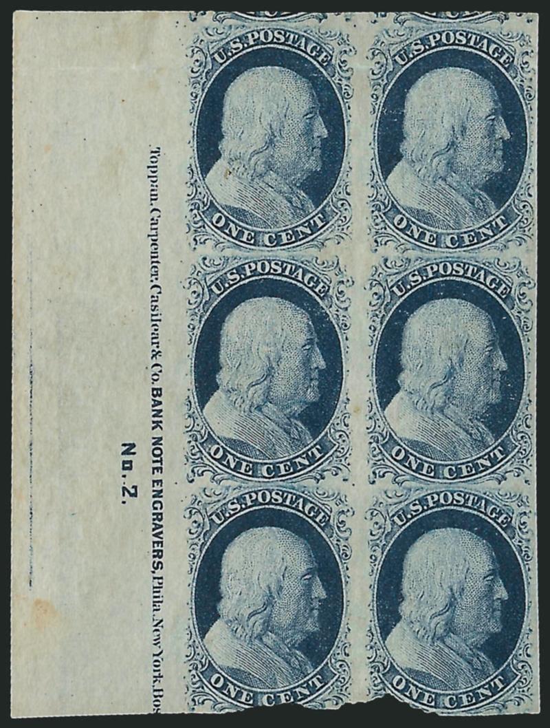 1c Blue, Ty. II (7).> Positions 31-3241-4251-52L2, vertical block of six with <nearly complete imprint and No. 2 plate number in huge left sheet margin,> original gum, beautiful dark shade and proof-like
impression, bright fresh paper, large to h
