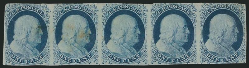1c Blue, Ty. II (7).> Plate 2, horizontal strip of five, unused (no gum), ample margins to slightly in, toned spots on three stamps at left, otherwise Fine, scarce unused multiple, Scott Retail as singles