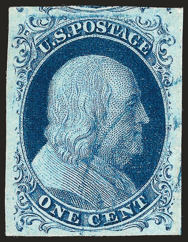 1c Blue, Ty. II (7).> Position 95L2, large to huge margins all around, bright shade, light <blue town datestamp,> fresh and Extremely Fine, a lovely stamp