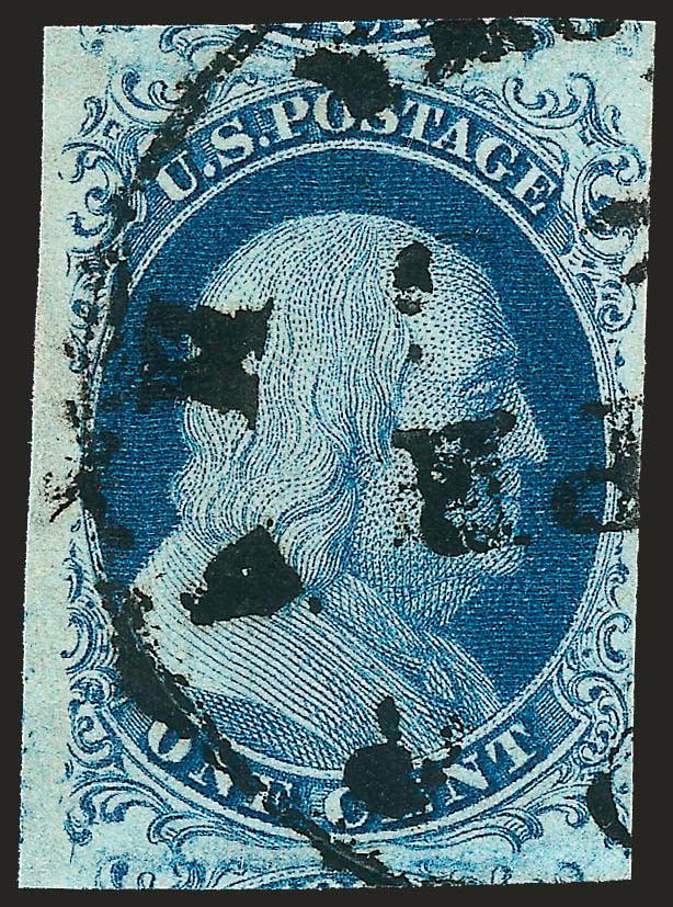 1c Blue, Ty. II (7).> Plate 2, three huge margins incl. parts of adjoining stamps at top and bottom, clear at right, beautiful bright shade, bold circular datestamp, Very Fine, with 2003 P.F. certificate