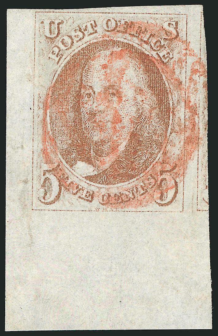 5c Red Brown (1).> Position 91L with <wide bottom left corner sheet margins,> 3mm at left and 14mm at bottom, large margins other sides incl. significant portion of adjoining stamp at right, bright shade nicely
contrasted by red grid cancel<><>^EXT