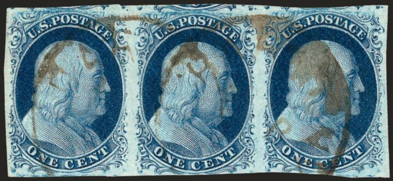 1c Blue, Ty. II (7).> Positions 35-37R2, horizontal strip of three, huge margins showing parts of adjoining stamps except slightly in at bottom center, cancelled by brownish circular datestamps, Very Fine strip,
with 1998 P.F. certificate