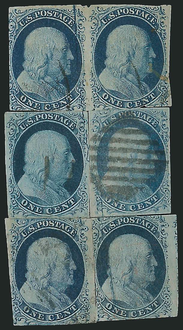 1c Blue, Ty. II, Plate 2 Crack (7 var).> Reconstruction of the crack with Positions 2-3L pair, 12L (ms. cancel), 13L and 23L (22L included to complete the block), margins vary, minor flaws, Fine-Very Fine, the
ideal reconstruction for an exhibit
