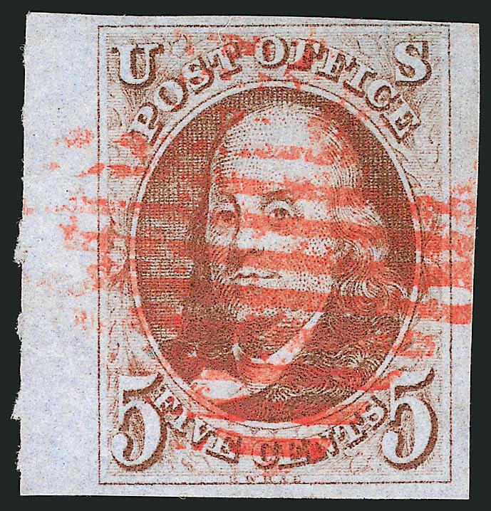 5c Red Brown (1).> Huge margins including <sheet margin at left,> ample at top right, fresh and bright color on nicely blued paper, New York red square grid cancel<><>^EXTREMELY FINE. AN UNUSUALLY WIDE
SHEET-MARGIN EXAMPLE OF THE 5-CENT 1847 ISSUE.