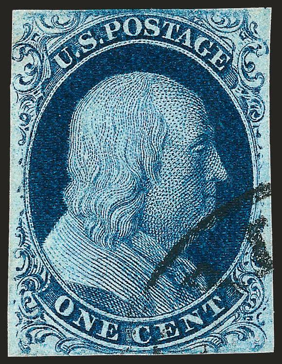 1c Blue, Ty. II, Plate 3 (7).> Position 39R3, small but balanced margins, neat datestamp cancel at corner, intense Prussian Blue shade typical of Plate 3, Fine, a scarce plated position, with 1986 P.F.
certificate