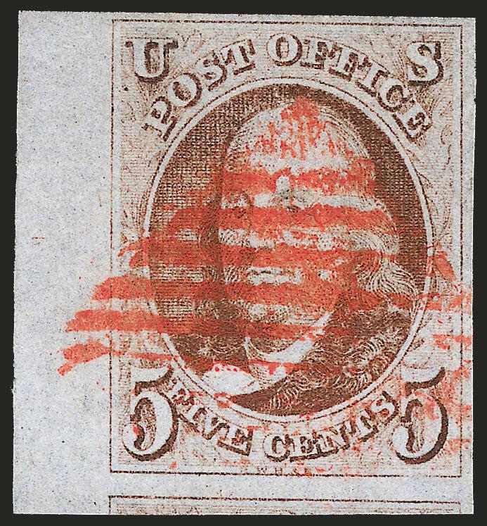 5c Red Brown (1).> Large margins to huge incl. part of adjoining stamp at bottom and also <sheet margin at left,> clear strike of New York red square grid cancel<><>^EXTREMELY FINE. A BEAUTIFUL SHEET-MARGIN
EXAMPLE OF THE 5-CENT 1847 ISSUE.^<><>W