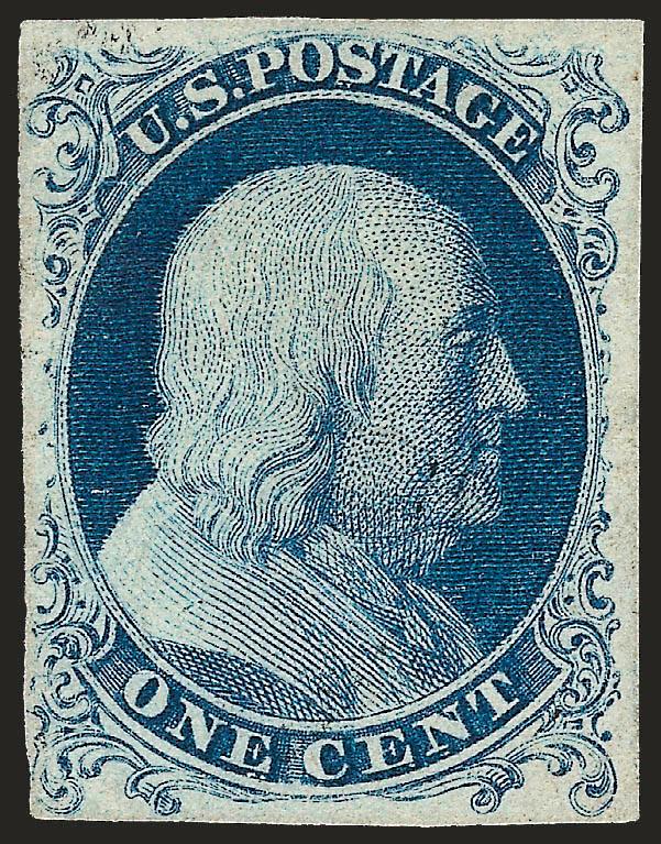 1c Blue, Ty. Ia (6).> Position 94L4, full margins all around showing complete design at bottom, deep Plate 4 color on bright paper, practically uncancelled, tiny thin speck at bottom left<><>^EXTREMELY FINE
APPEARING EXAMPLE OF THE 1851 ONE-CENT IM