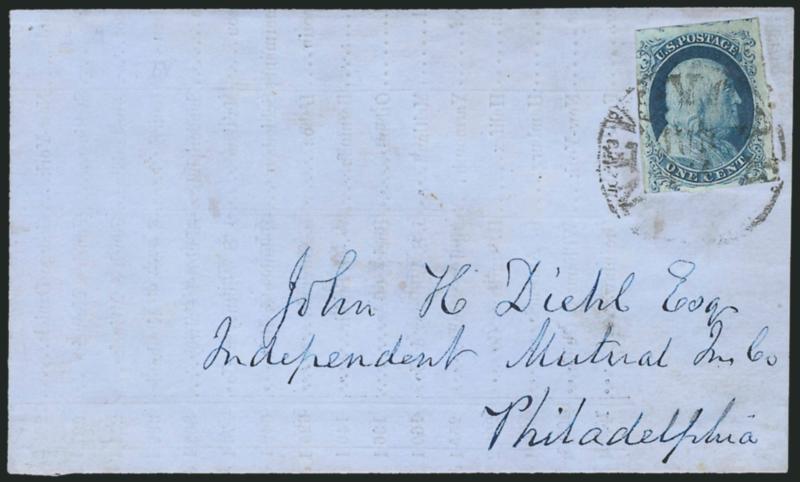 1c Blue, Ty. Ia (6).> Position 100L4, huge margins at top and right showing traces of adjoining stamp from row above, other sides large to just barely in, rich color, tied by New-York Jun. 13 circular datestamp
on front only of a printed circular a