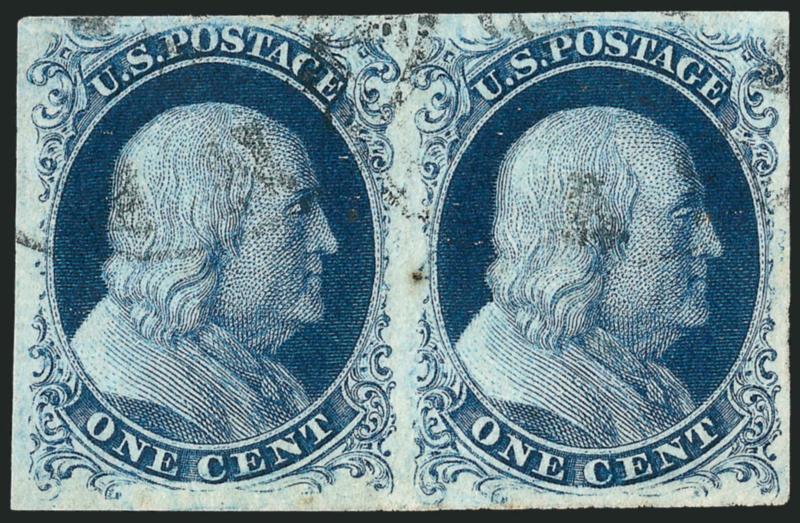 1c Blue, Ty. III-Ic (8-6b).> Horizontal pair, Positions 82-83L4, left stamp Type III with large break at top and small break at bottom, right stamp Type Ic showing nearly full plumes at bottom, large margins all
around, rich Plate 4 color, lightly ca