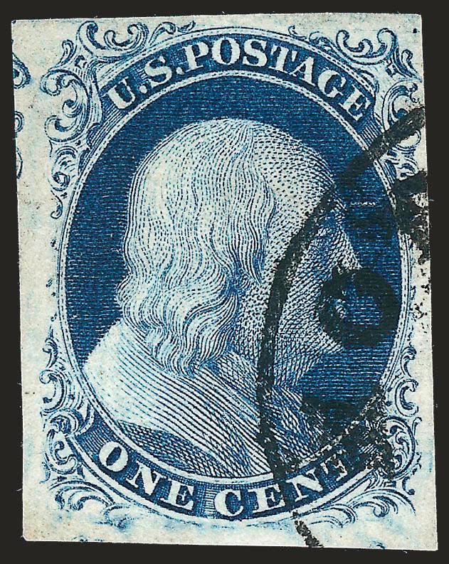 1c Blue, Ty. II (7).> Position 2R4, huge margins to just barely in at upper right ornament, neatly cancelled by town datestamp, gorgeous Plate 4 color and early impression<><>^VERY FINE AND CHOICE. A WONDERFUL
EXAMPLE OF THE 1851 ONE-CENT IMPERFORA