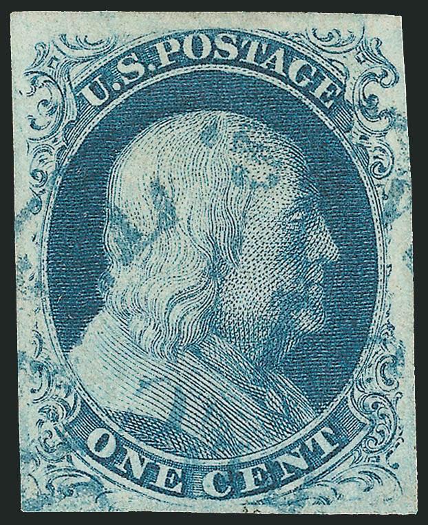1c Blue, Ty. III (8).> Plate 4, large margins all around, rich color, detailed impression, <blue> town datestamp, clear breaks at both top and bottom<><>^EXTREMELY FINE. A HANDSOME 1851 ONE-CENT IMPERFORATE TYPE
III CANCELLED BY A BLUE TOWN DATESTA