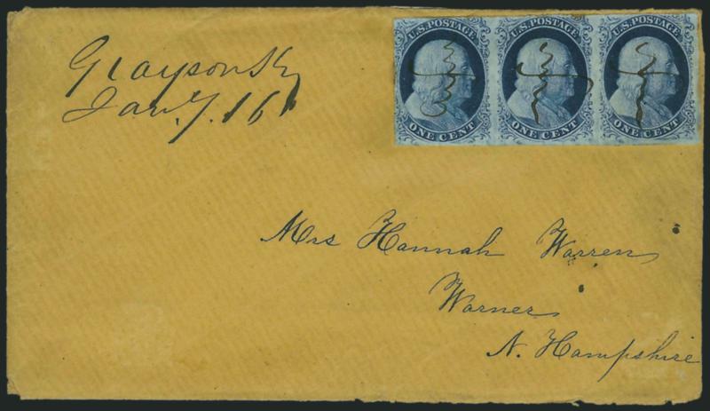 1c Blue, Ty. III-IIIa-III (8-8A-8).> Positions 34-36L4, horizontal strip of three, large margins at bottom and right, just in at top and left, neat pen cancels with Grayson Ky. Jan. 16 ms. postmark on buff cover
to Warner N.H.<><>^A FINE 1851 ONE