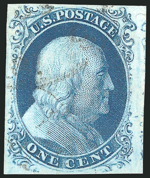 1c Blue, Ty. IIIa (8A).> Plate 4, huge margins incl. part of adjoining stamp at right, clear break at top, dark Plate 4 shade and proof-like early impression, light strike of circular datestamp, Extremely Fine,
with 2000 P.F. certificate