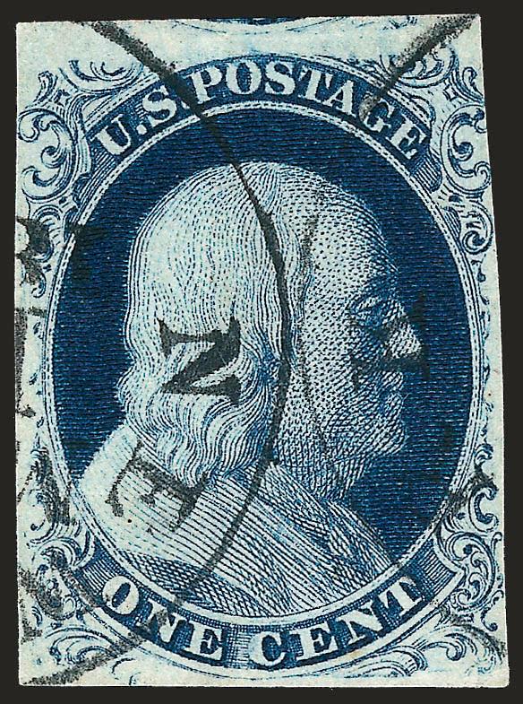 1c Blue, Ty. IIIa (8A).> Plate 4, ample margins to slightly in at upper right, cancelled by clear strikes of New York circular datestamp, intense shade and impression, P.F. certificate notes a tiny faint toned
speck (P.S.E. does not), Fine, with 1997