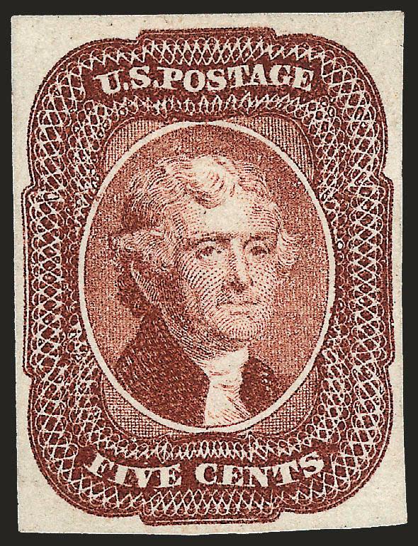 5c Red Brown (12).> Unused (no gum), A Relief from the top row of the plate, large even margins, brilliant color<><>^VERY FINE AND CHOICE. A BEAUTIFUL AND RARE UNUSED EXAMPLE OF THE 5-CENT 1856 ISSUE.^<><>With
2002 P.F. certificate