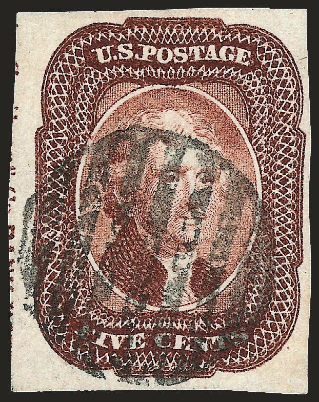 5c Red Brown (12).> Position 51L1, large margins all around incl. <trace of imprint at left,> rich color, cancelled by bold strike of grid<><>^EXTREMELY FINE. A SCARCE EXAMPLE OF THE 5-CENT 1856 ISSUE WITH PART
OF THE IMPRINT AT LEFT.^<><>Our com
